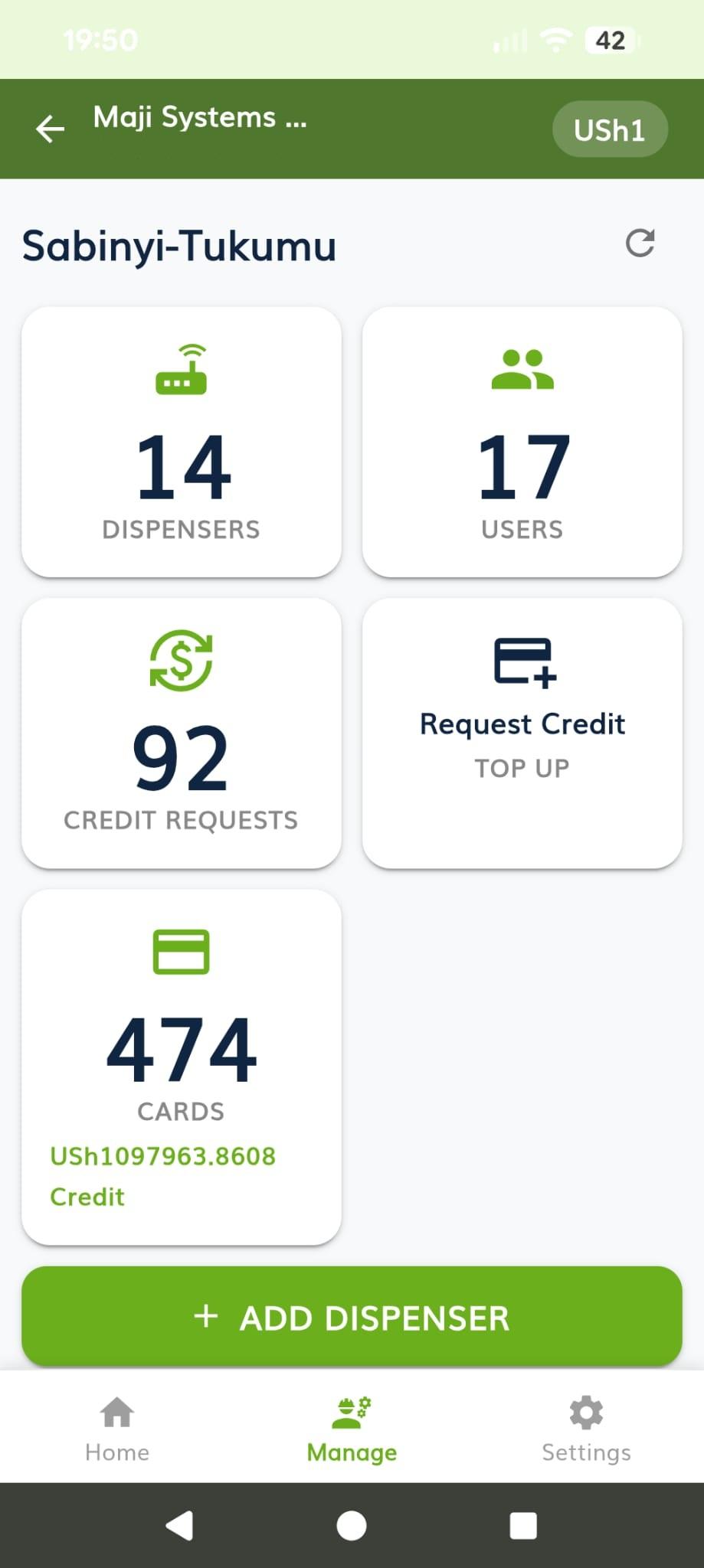 The Maji app’s community overview, counting 14 dispensers, 17 users, 92 credit requests and 474 cards