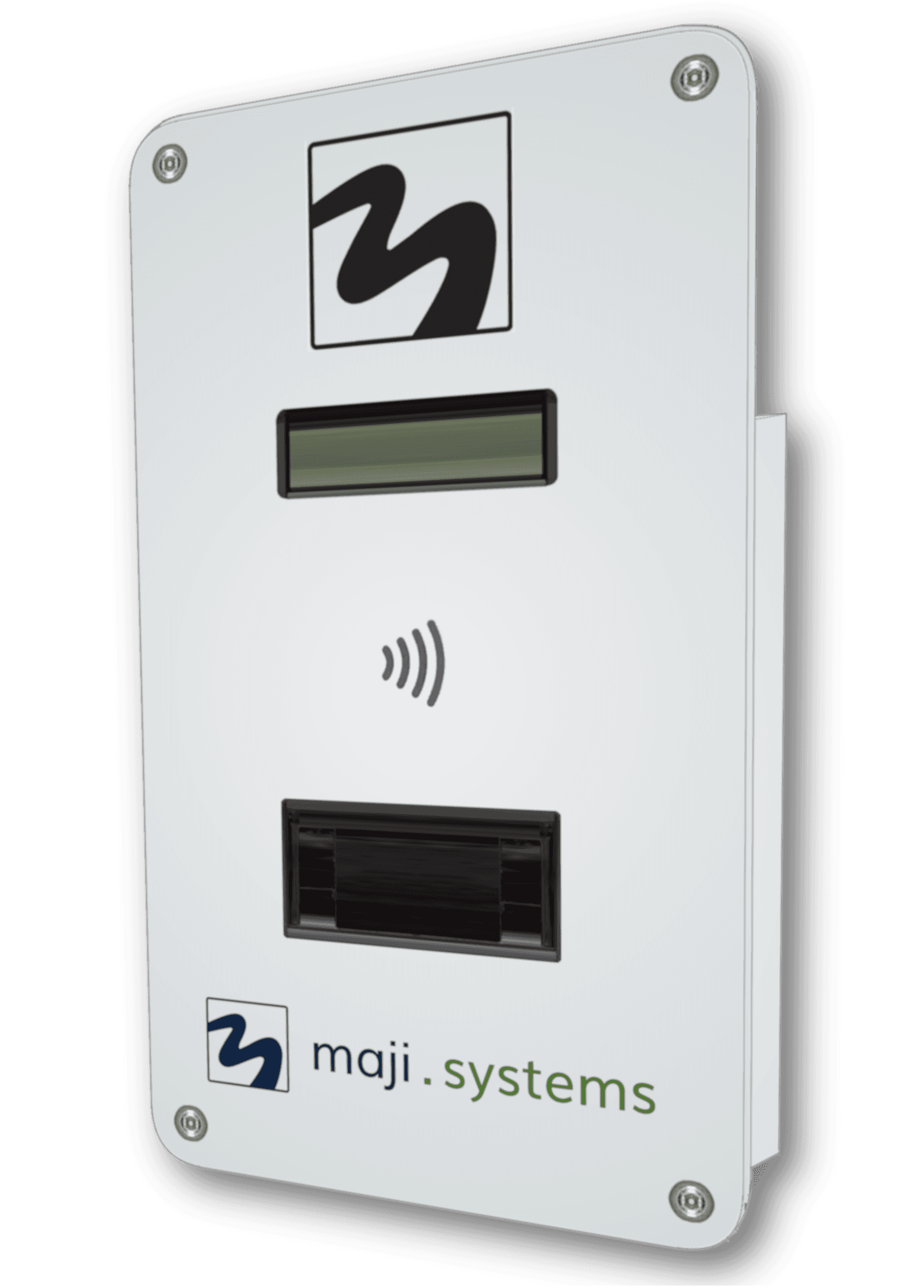The Maji Community Dispenser faceplate, with its display, card slot and Maji logo
